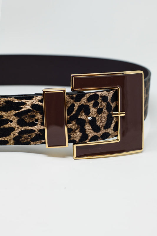 Wide leopard belt in dark brown with black square buckle - Belts