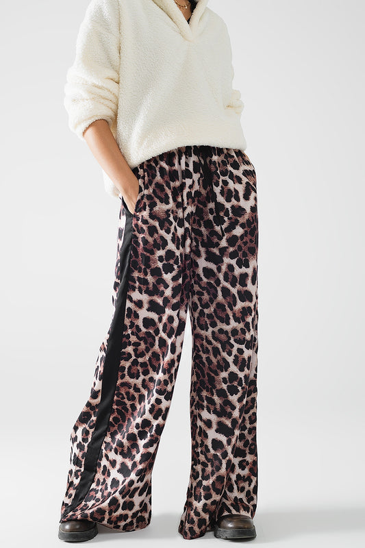 Wide leopard pants with satin side stripe - Trousers