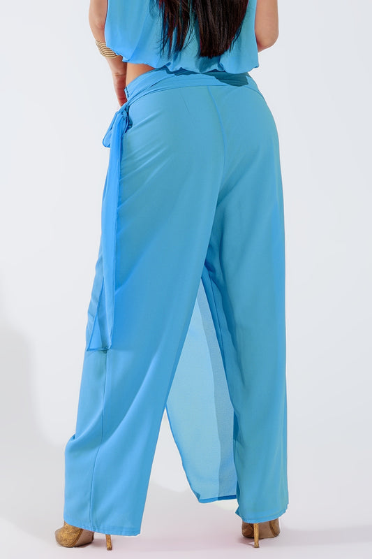Wide Light blue Pants Overlay Skirt Tied At The Side - Trousers