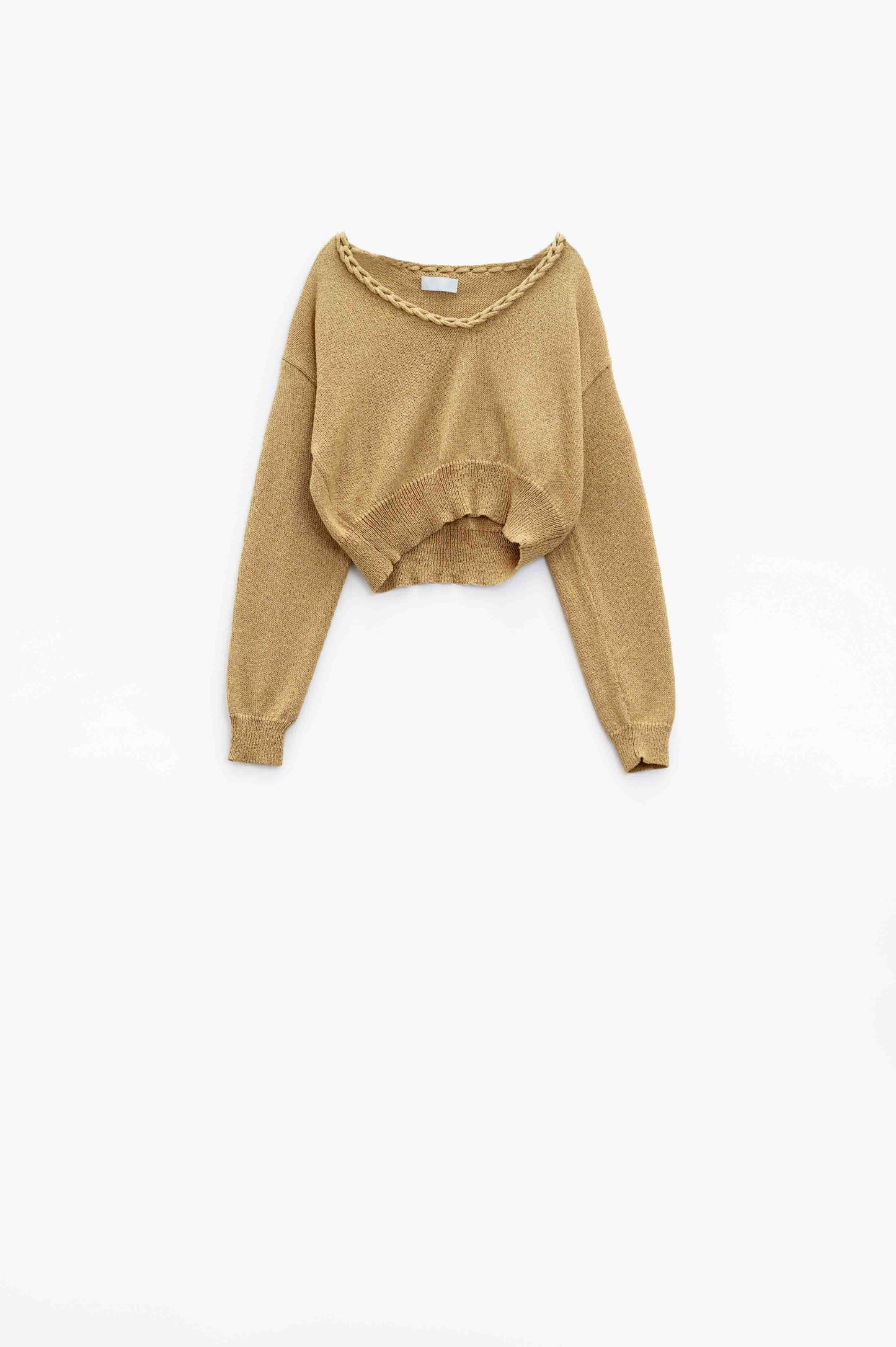 Wide V-neck Light Sweater With Braided Detail In Gold - Jumpers