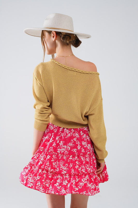 Wide V-neck Light Sweater With Braided Detail In Gold - Jumpers