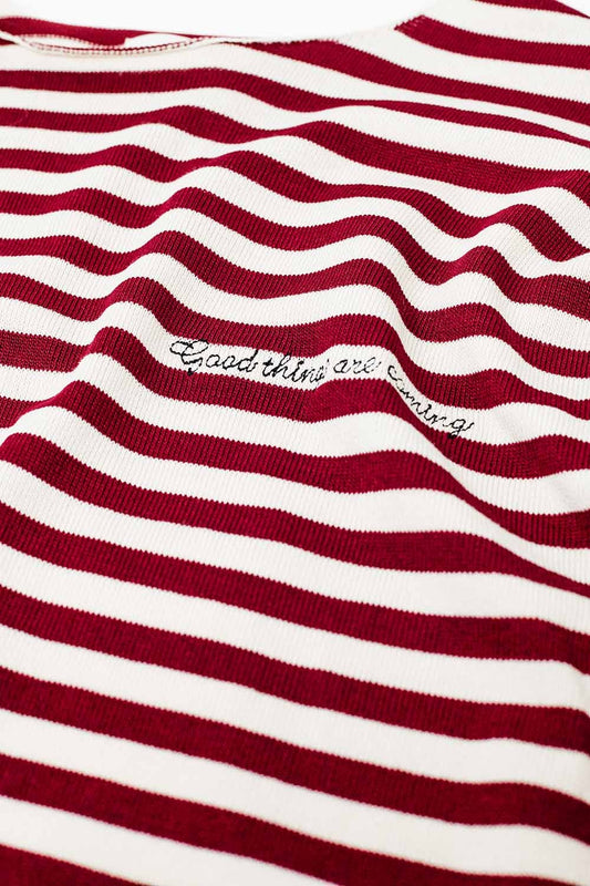 wine color striped fine knit sweater with boat neck - Jumpers