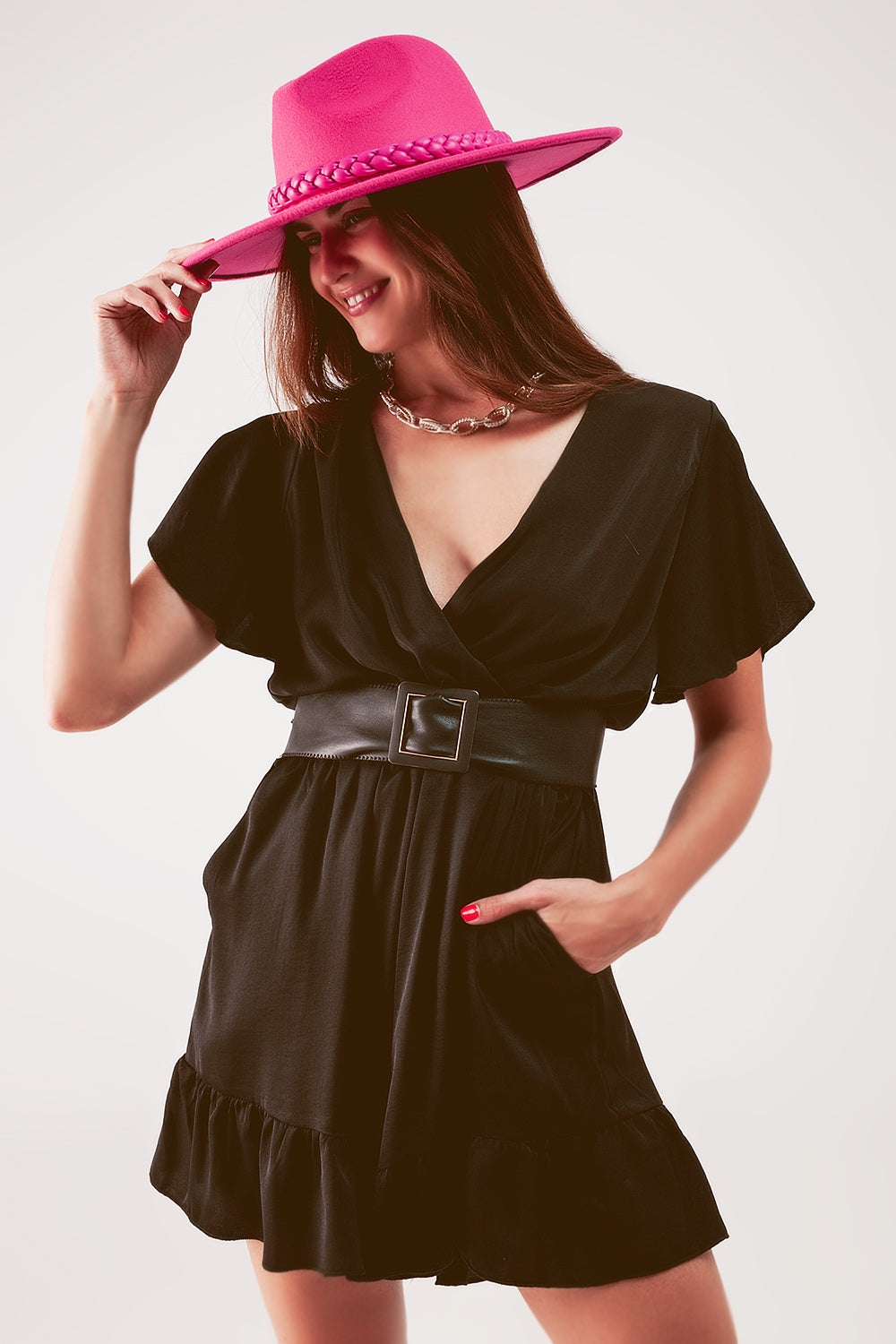 Wrap front frill hem jumpsuit in black - Dresses