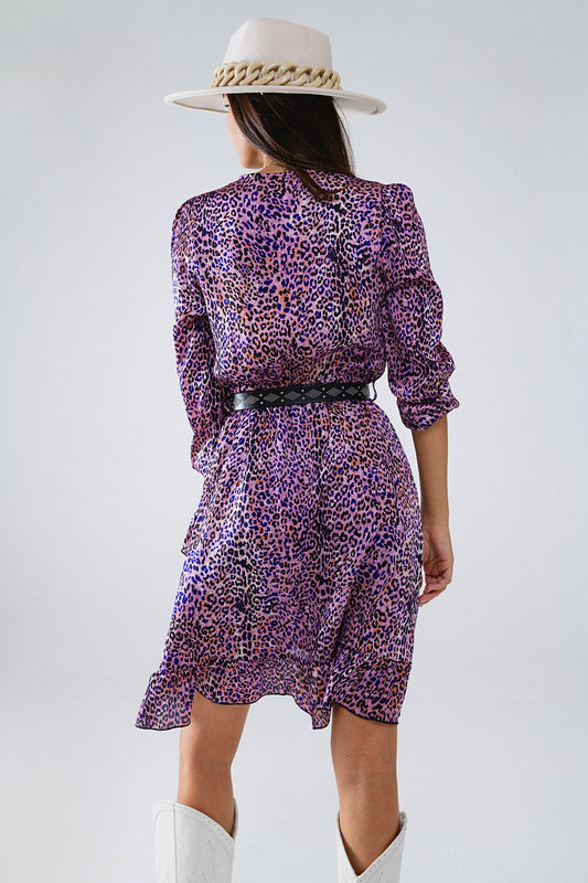 Wrap Purple Animal Print Dress With Ruffle Skirt - Dresses