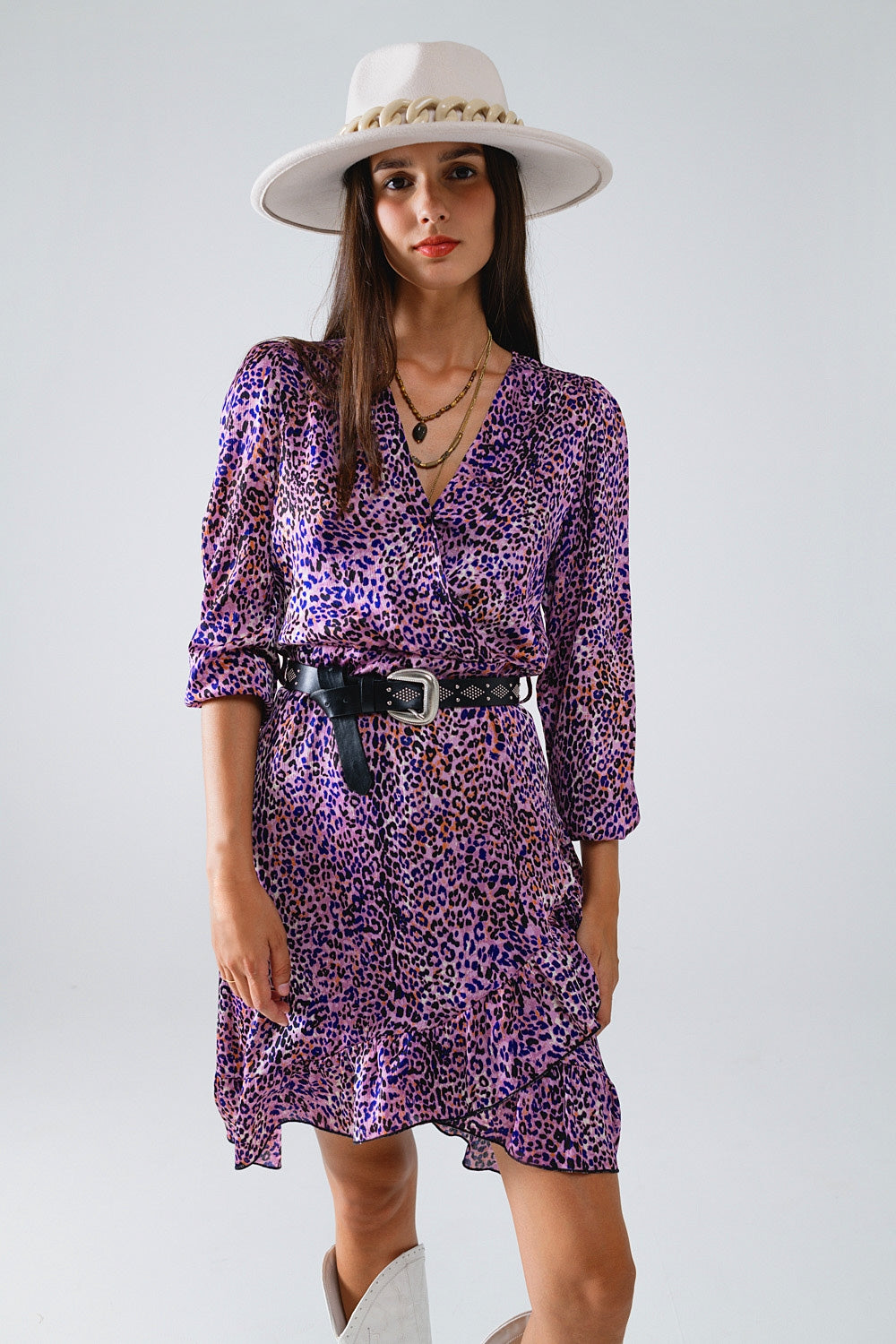 Wrap Purple Animal Print Dress With Ruffle Skirt - Dresses