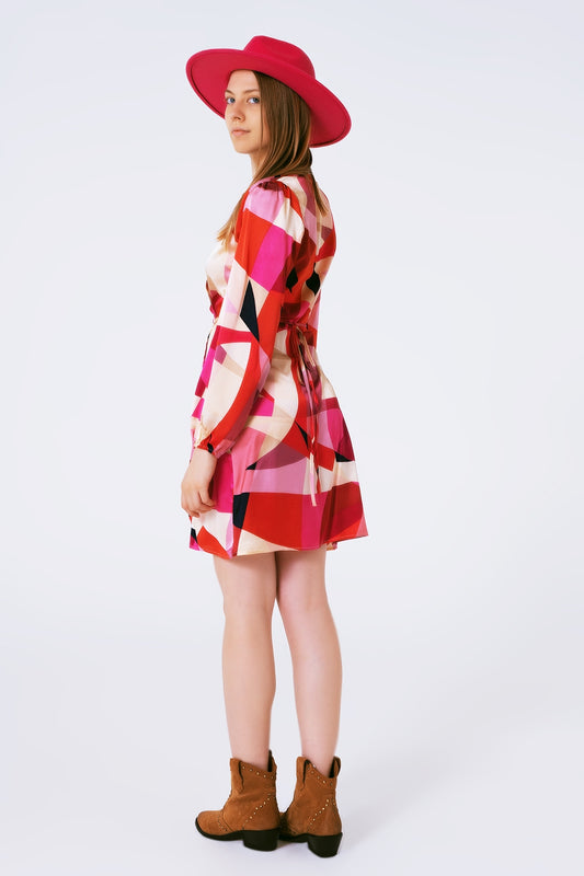 Wrap Short Abstract Print Dress in Fuxia - Dresses