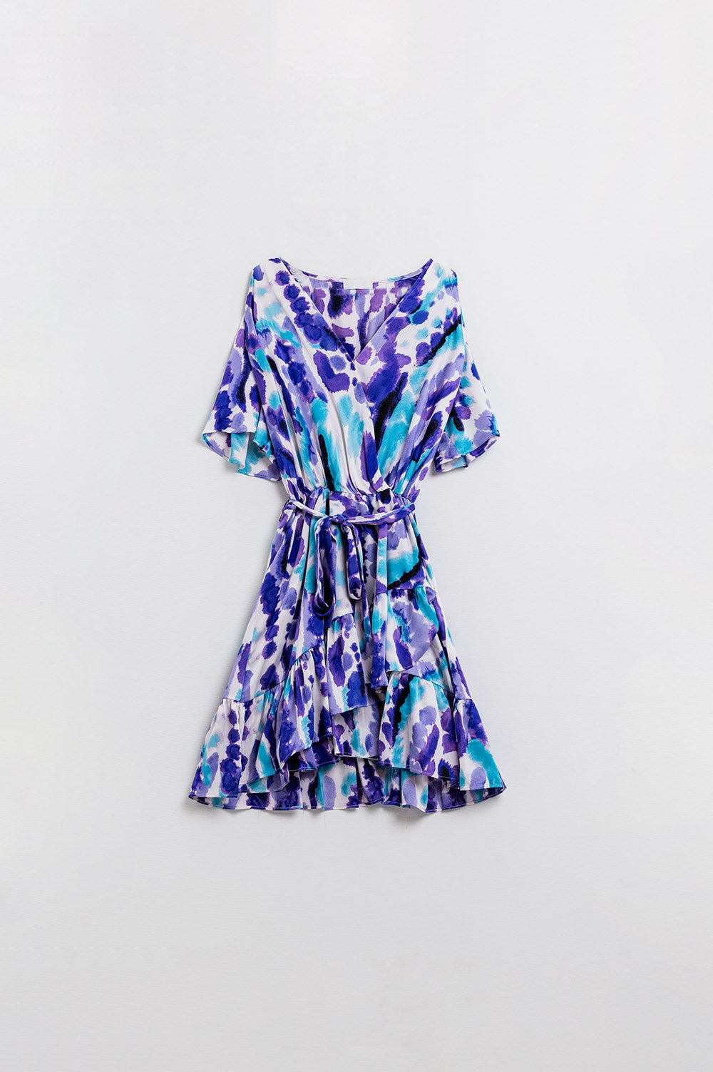 Wrap Short Dress In Blue and Purple Tie-dye - Dresses