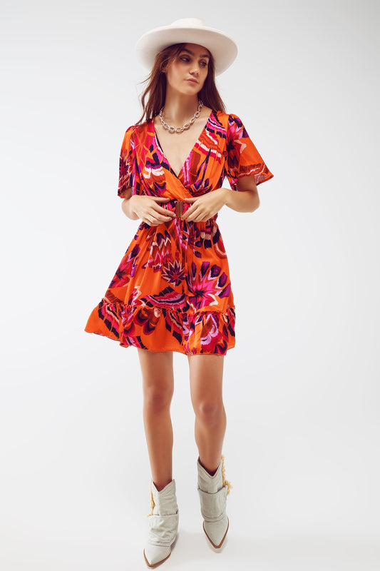 Wrap Short Dress With Angel Sleeves In Abstract Floral Print - Dresses