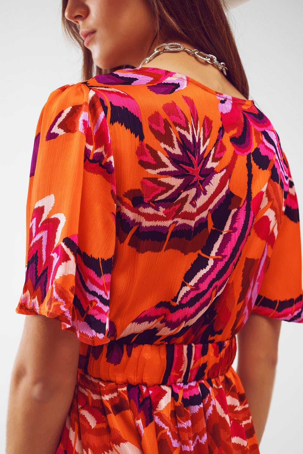 Wrap Short Dress With Angel Sleeves In Abstract Floral Print - Dresses