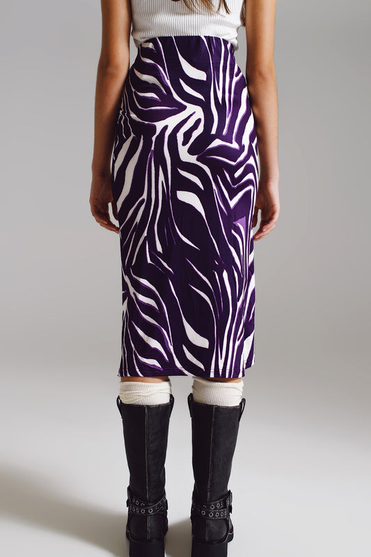 Wrap skirt with gathered detail at the side in Purple and Cream Zebra Print - Skirts