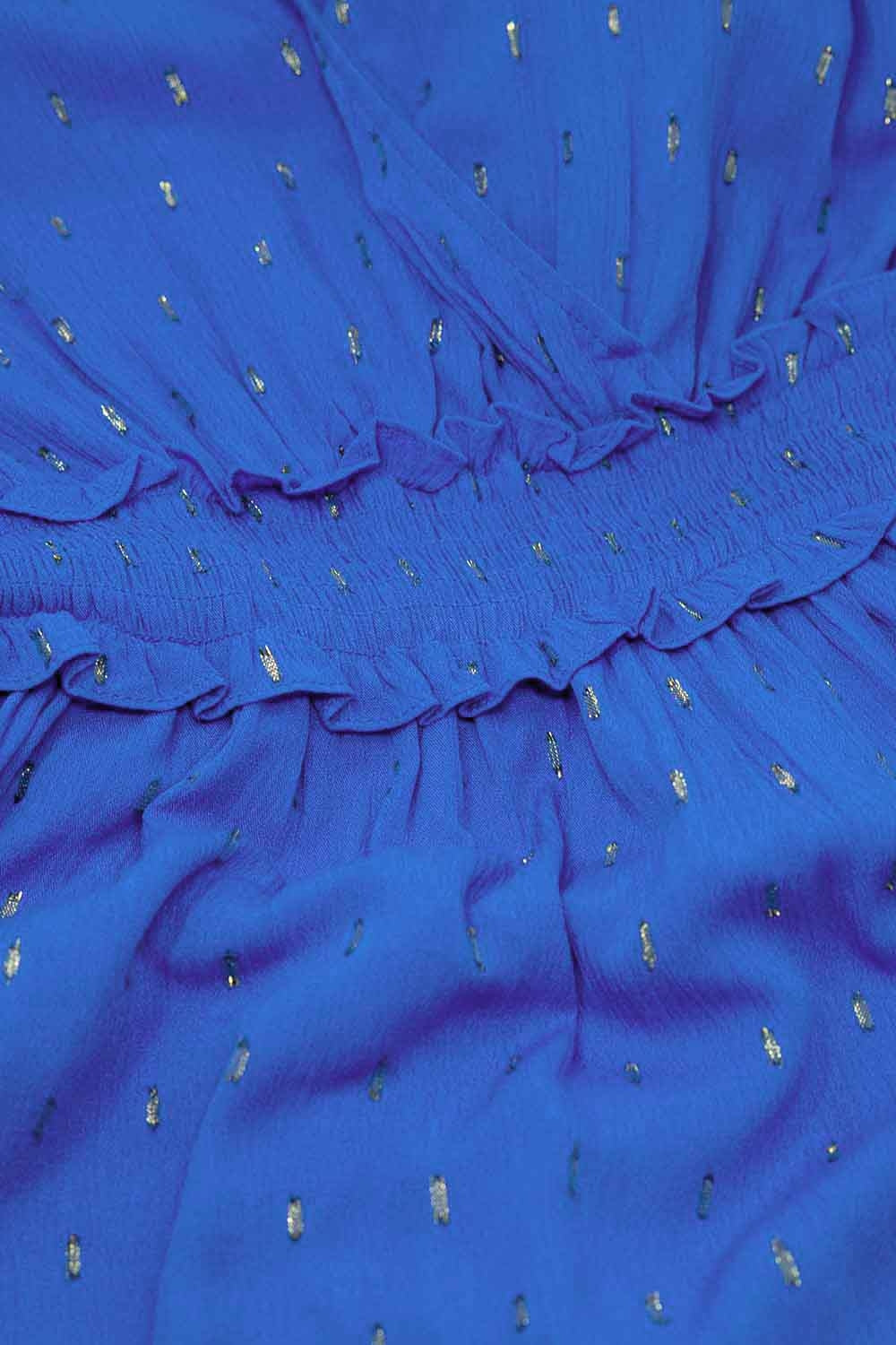 Wrapped Blue Midi Dress With Smock Detail At The Waist and Golden Polka Dots - Dresses