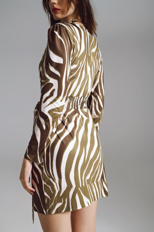 Wrapped Long Sleeve dress With Belt in Cream and Olive Green Zebra Print - Dresses