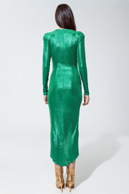 Wrapped Party Dress With Plunge Neckline in Metallic Green - Dresses