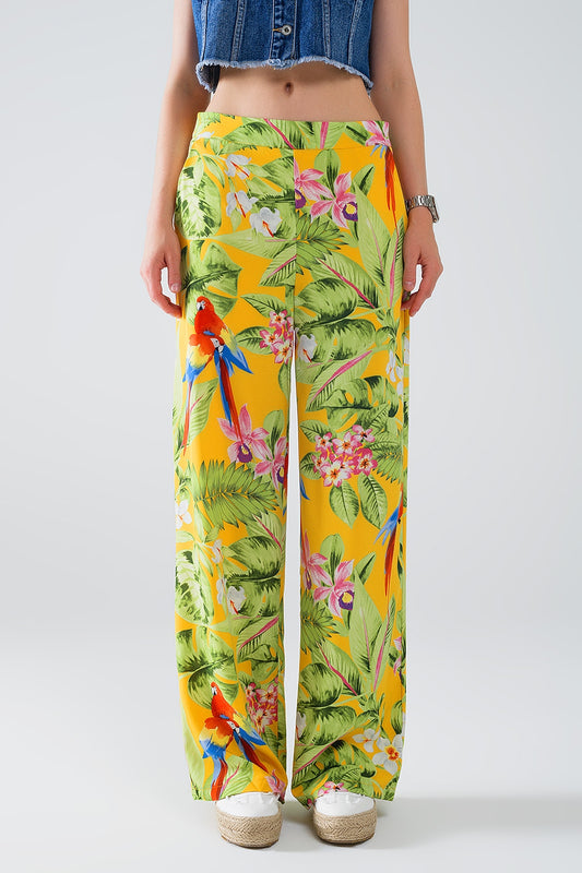 Yellow Pants with Tropical Print with Zip Side - Trousers