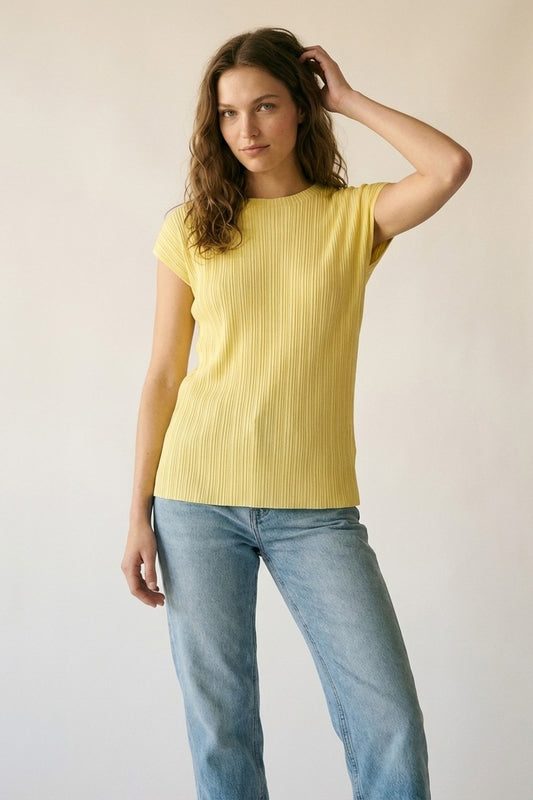 Yellow Ribbed Knit Relaxed Fit Short Sleeve Top -