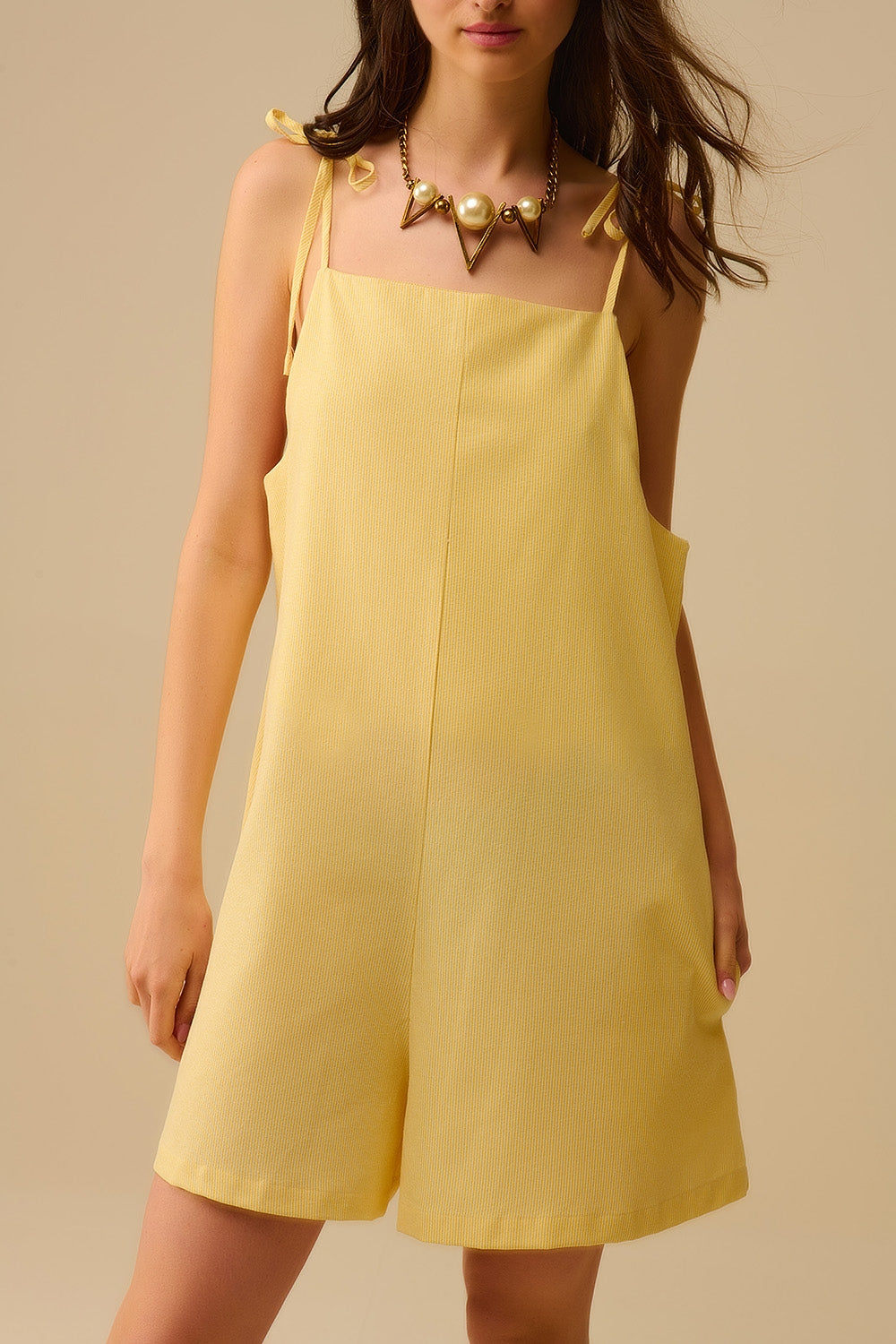 Yellow striped playsuit with shoulder ties and back pocket detail - Dresses