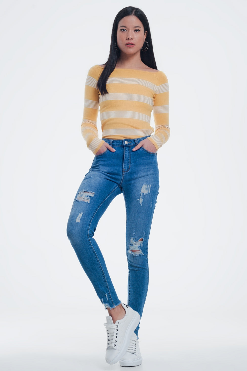 yellow striped sweater with boat neck - Jumpers