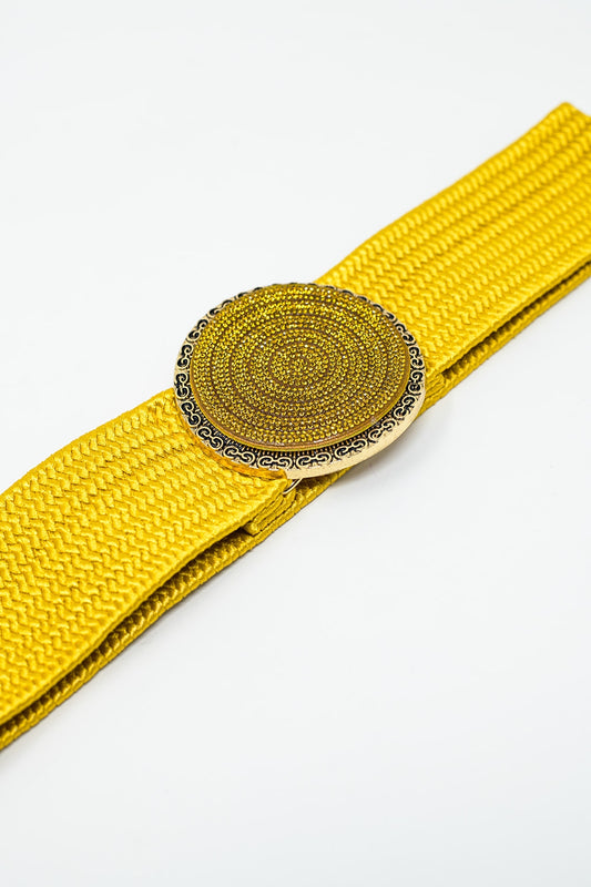 Yellow woven belt with round buckle with rhinestones - Belts