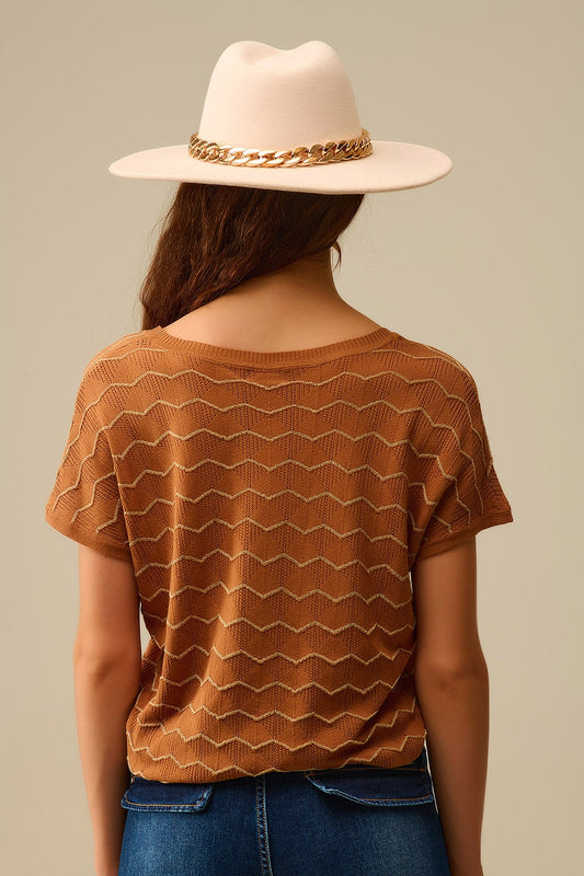 Zigzag V-Neck Knit sweater with dropped sleeves in Brown - Sweaters