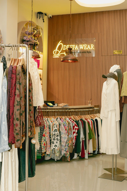 Clothing boutique interior with racks of apparel.