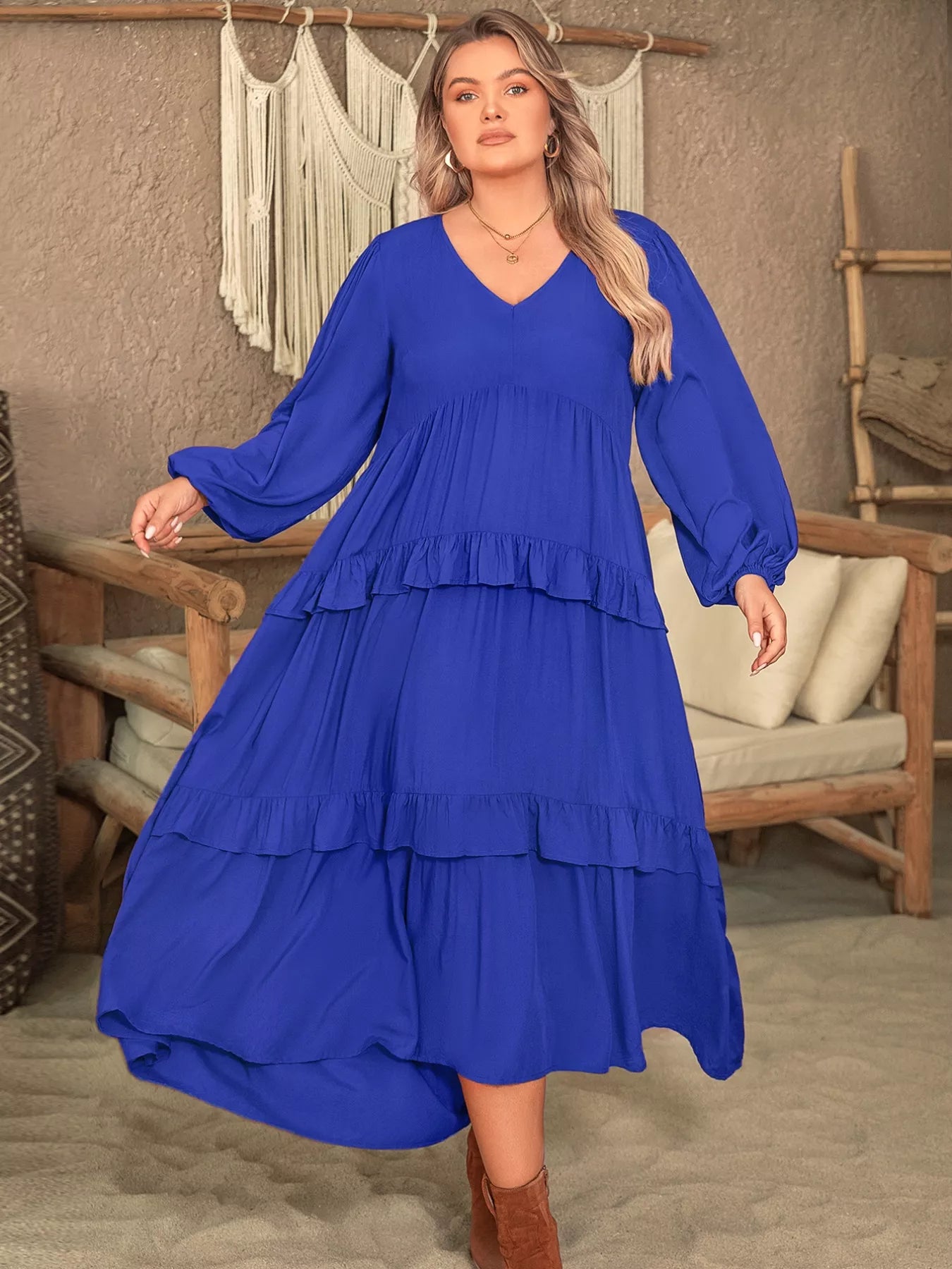Plus Size Balloon Sleeve Ruffle Tiered Flowy Dress -