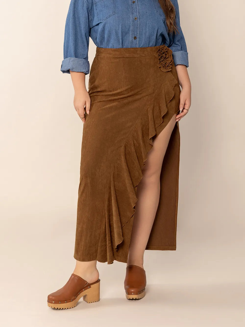 Plus Size Ruffled Slit High Rise Skirt - Skirts