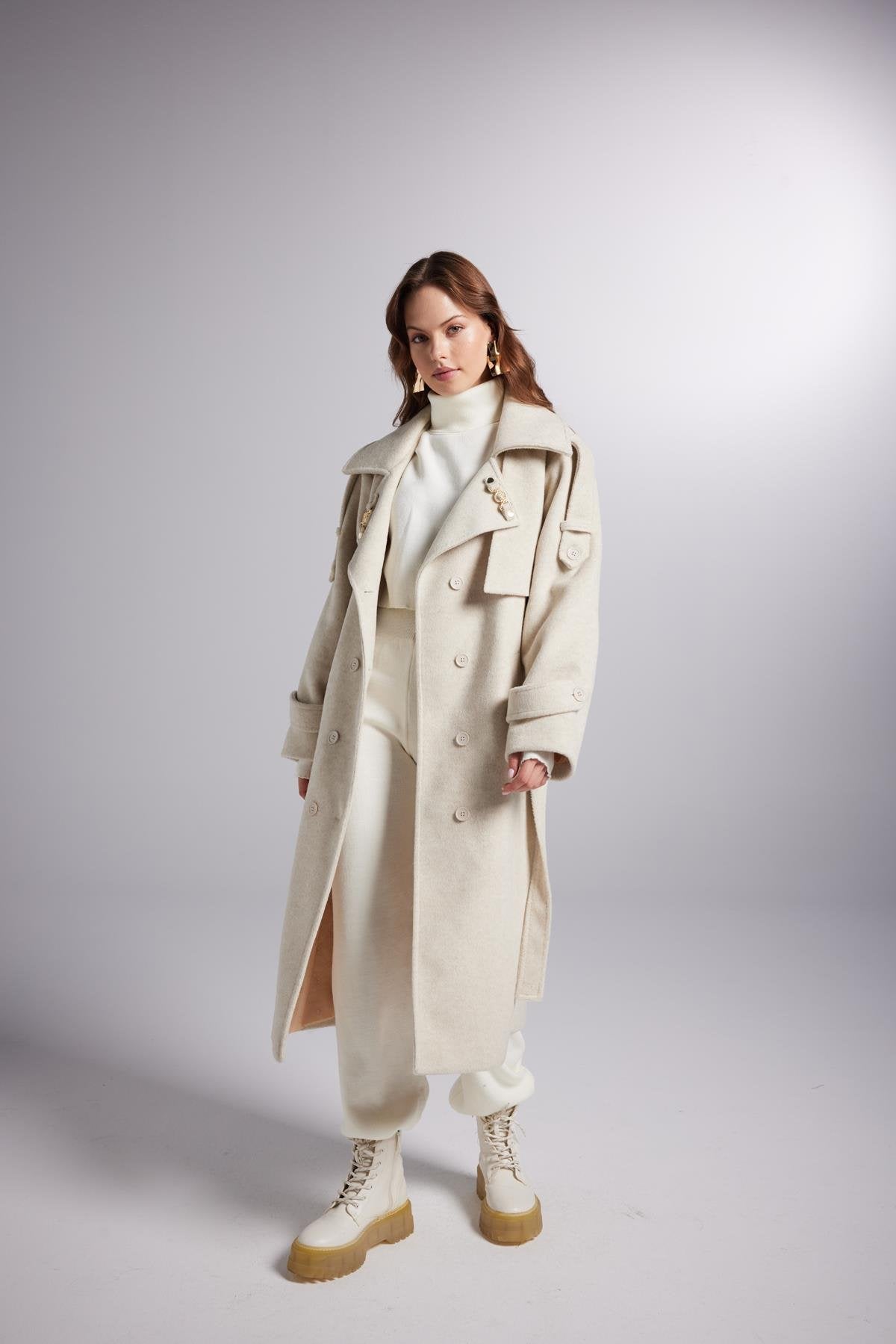Accessorized Wool Blended Cashmere Maxi Woody Ecru Coat - Trench Coats