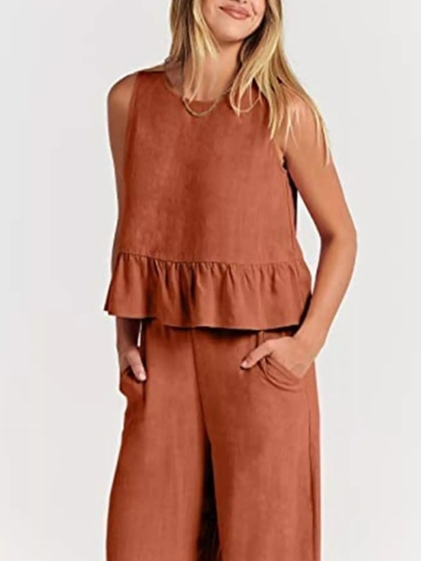 Full Size Ruffled Hem Sleeveless Top and Wide-Leg Pants Set Plus Size Orange - Sets