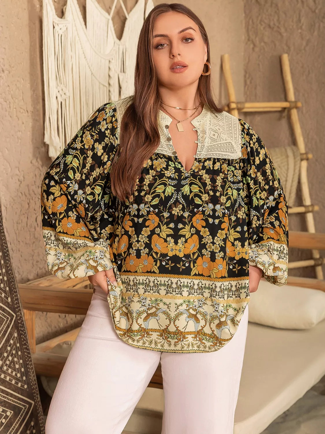 Plus Size Floral Print Notched Blouse -
