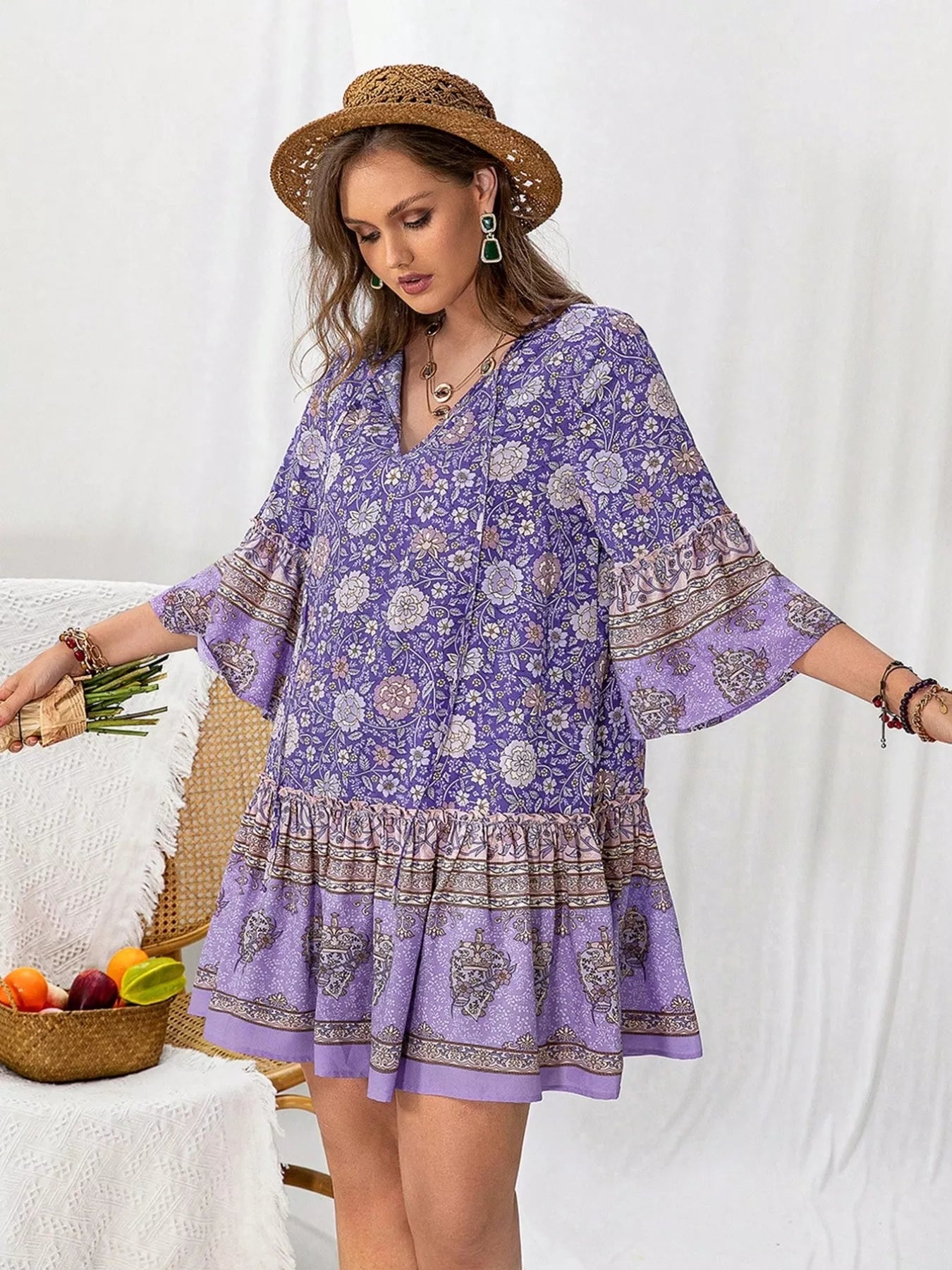 Plus Size Floral Print Ruffle Hem Mini Dress Lavender -
