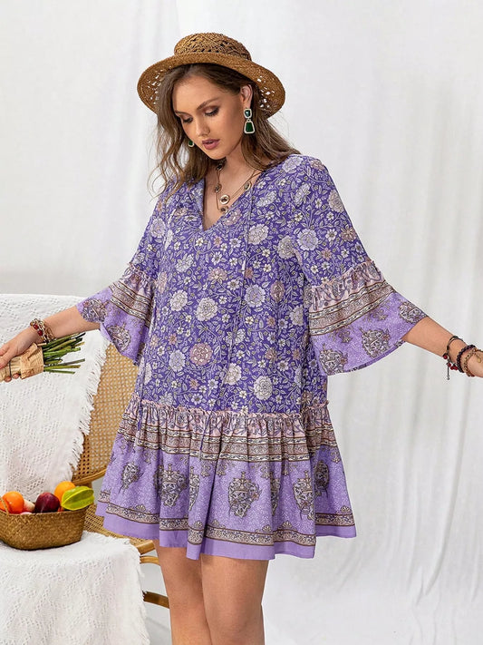 Plus Size Floral Print Ruffle Hem Mini Dress Lavender -