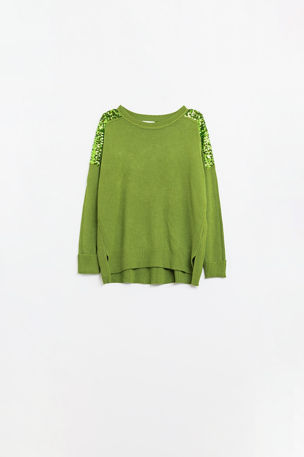 Green Long Sleeves Sweater With Sequins on The Shoulders