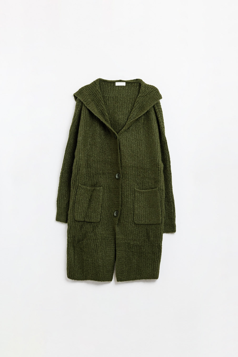 Long Ribbed Cardigan With Pockets and Hood in Khaki