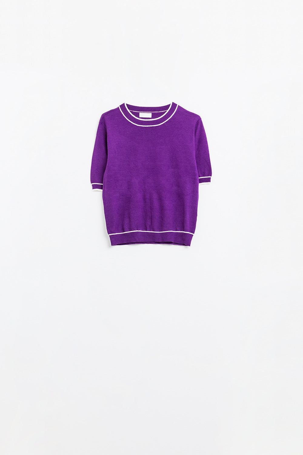 Purple short sleeve sweater with white line detail
