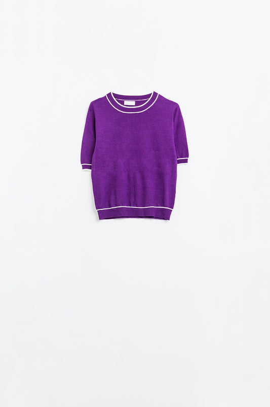 Purple short sleeve sweater with white line detail