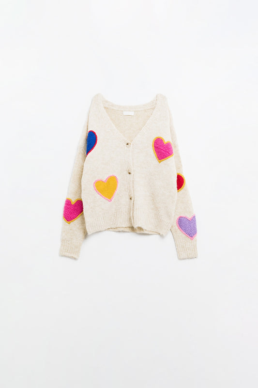 Beige knitted cardigan with embroidered hearts - Cardigans
