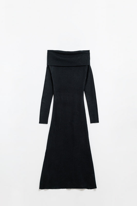 Maxi Knitted wide Bardot Dress in black - dress, Dresses