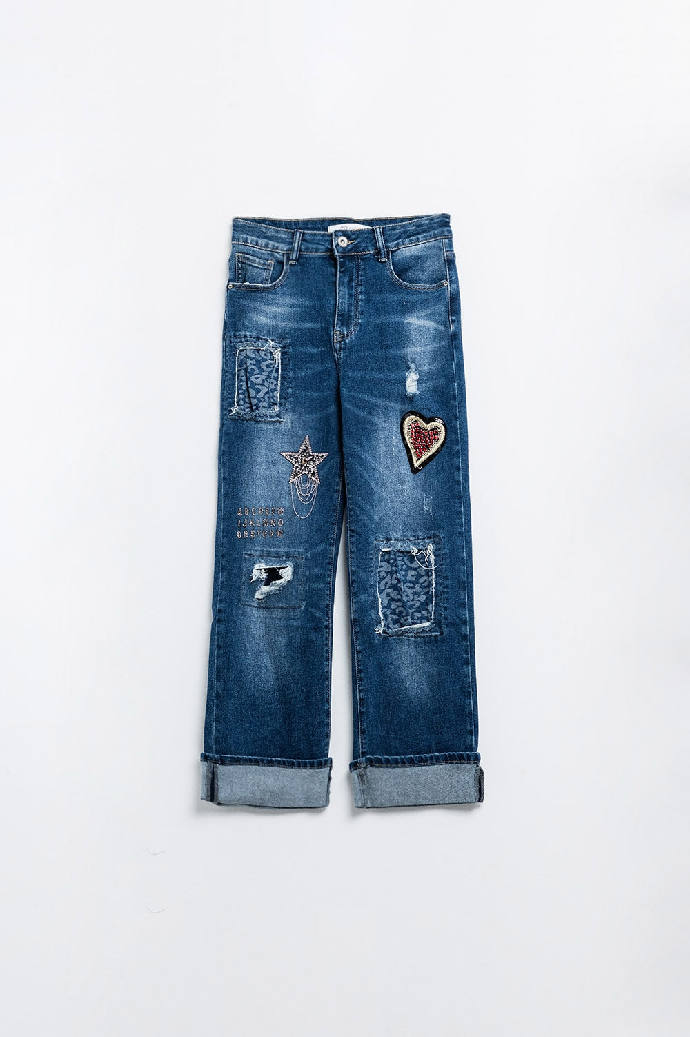 Wide leg jeans embellished with some patches - Denim