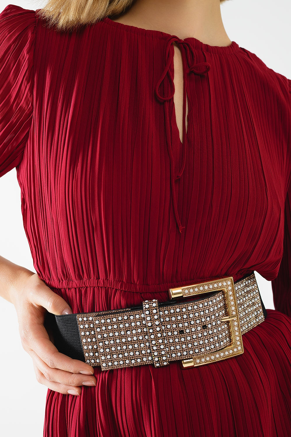 pleated chiffon dress in burgundy - dress