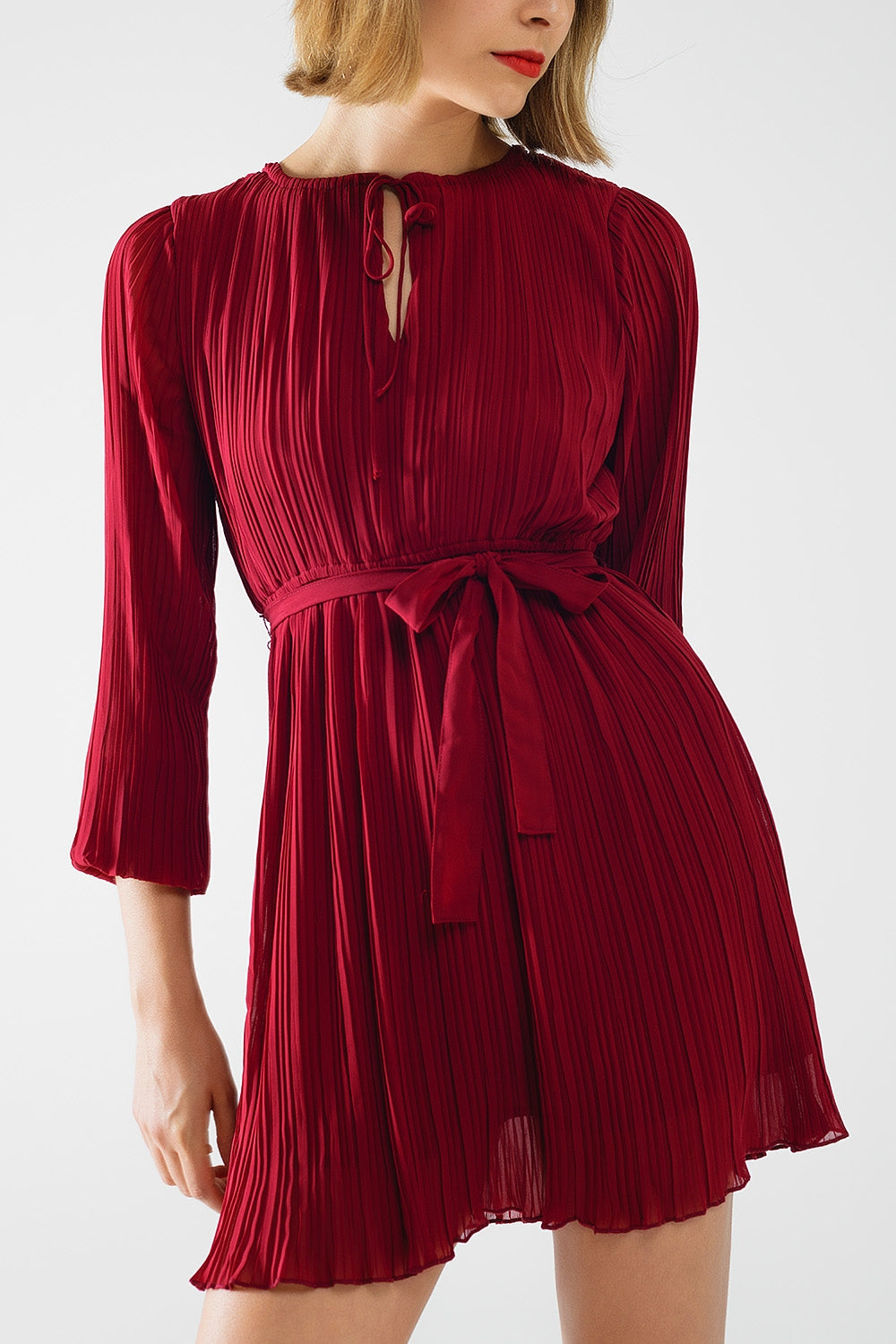 pleated chiffon dress in burgundy - dress