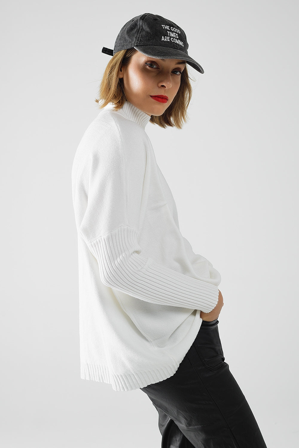 oversized soft knitted white sweater with ribbed sleeves - jumper