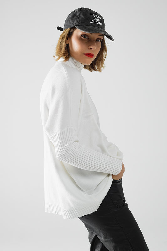 oversized soft knitted white sweater with ribbed sleeves - jumper
