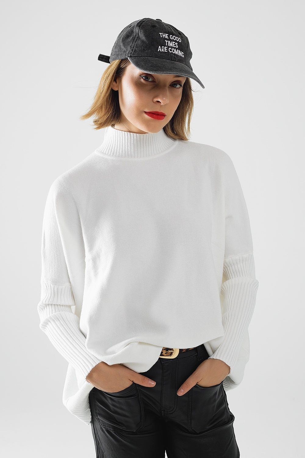 oversized soft knitted white sweater with ribbed sleeves - jumper