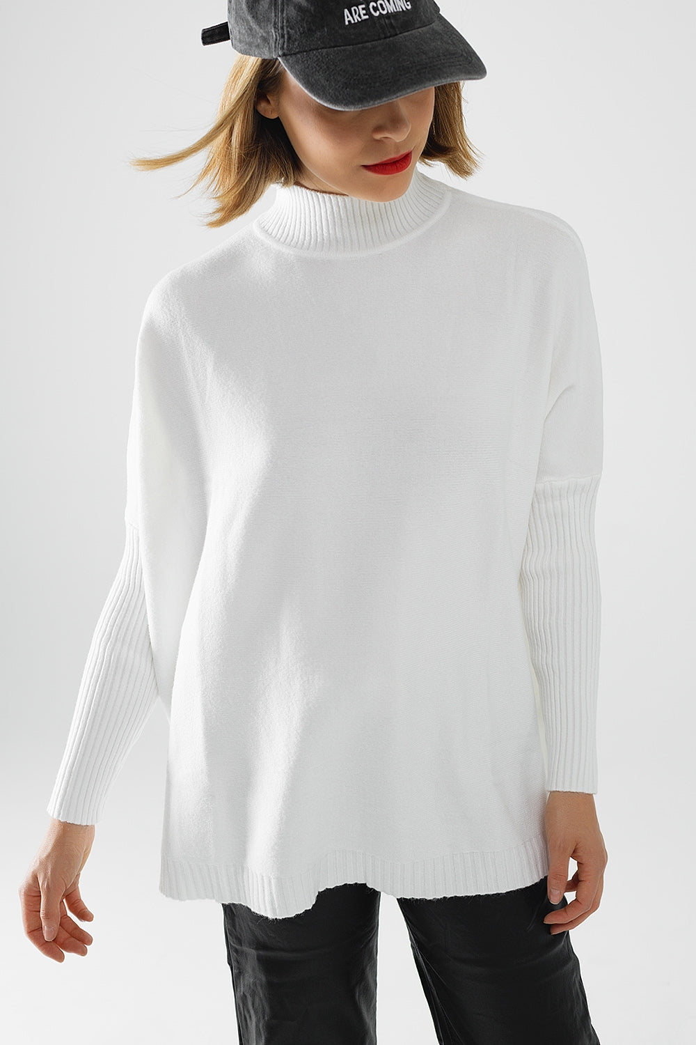 oversized soft knitted white sweater with ribbed sleeves - jumper
