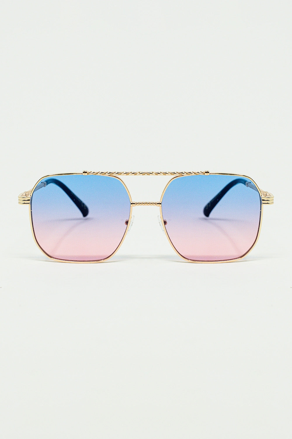 gold square frame sunglasses in ombre light blue with pink