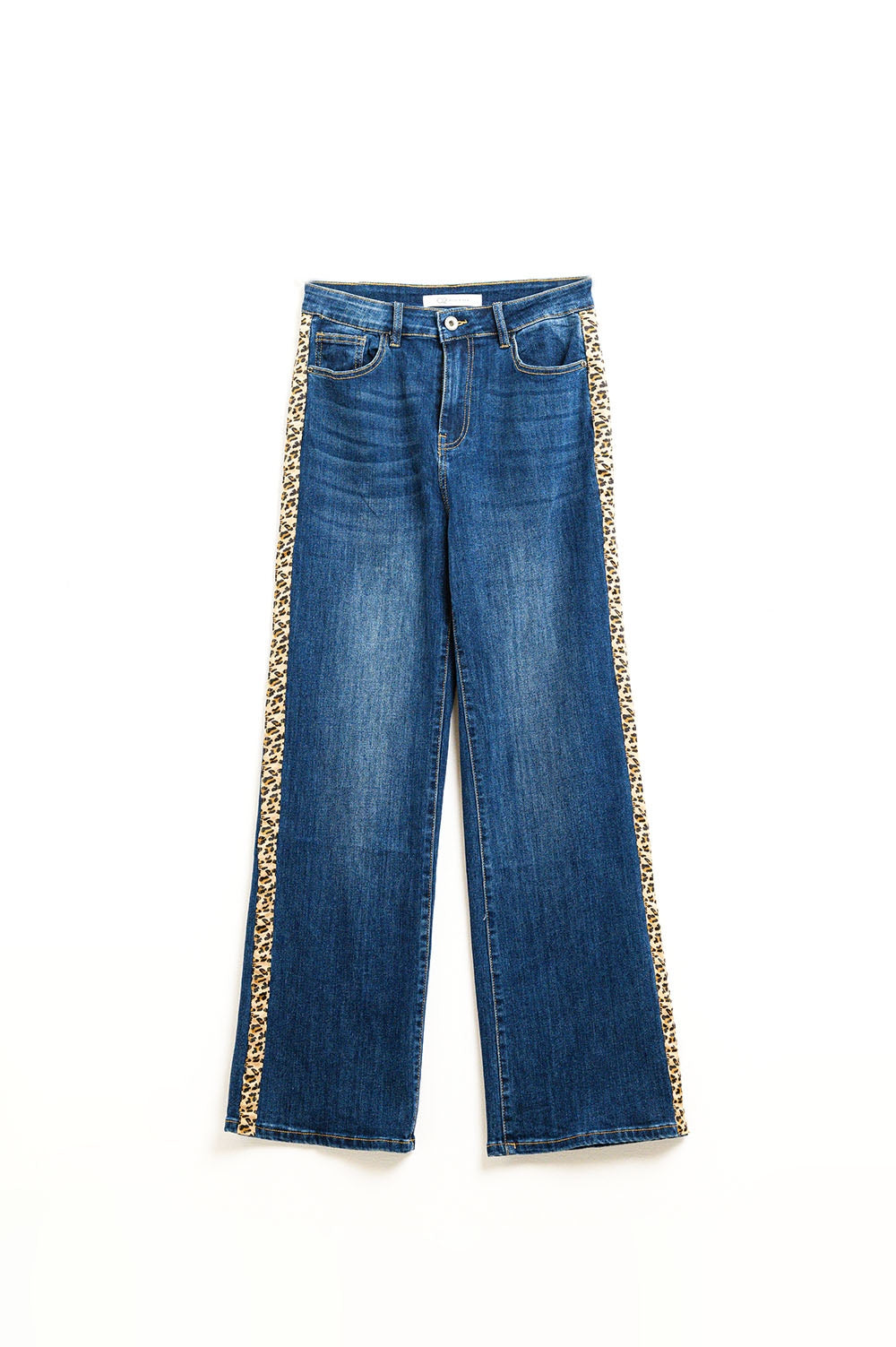 Wide Leg Jeans with leopard stripe on side - Denim