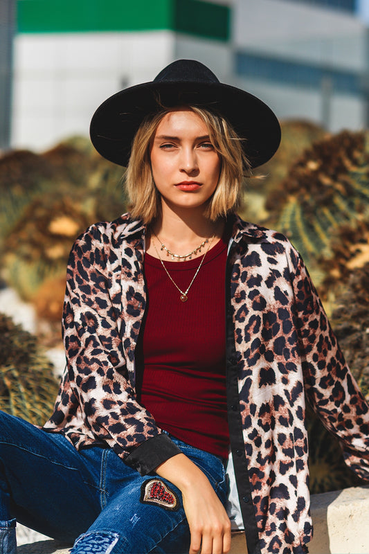 leopard shirt with black satin detail - Shirts