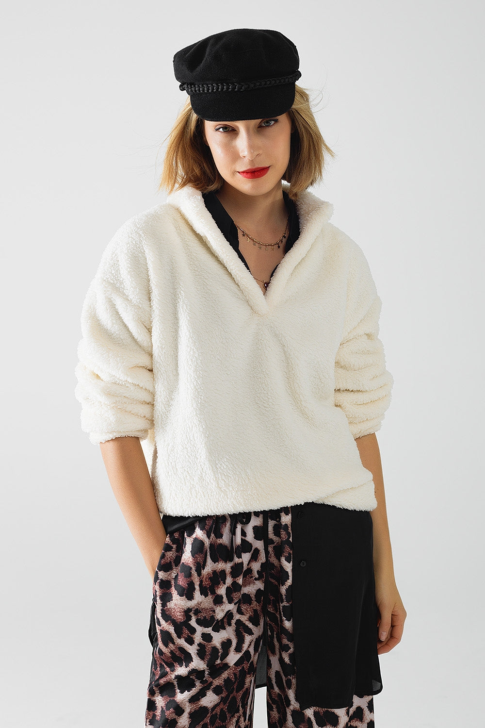 ecru fluffy v-neck sweater - jumper