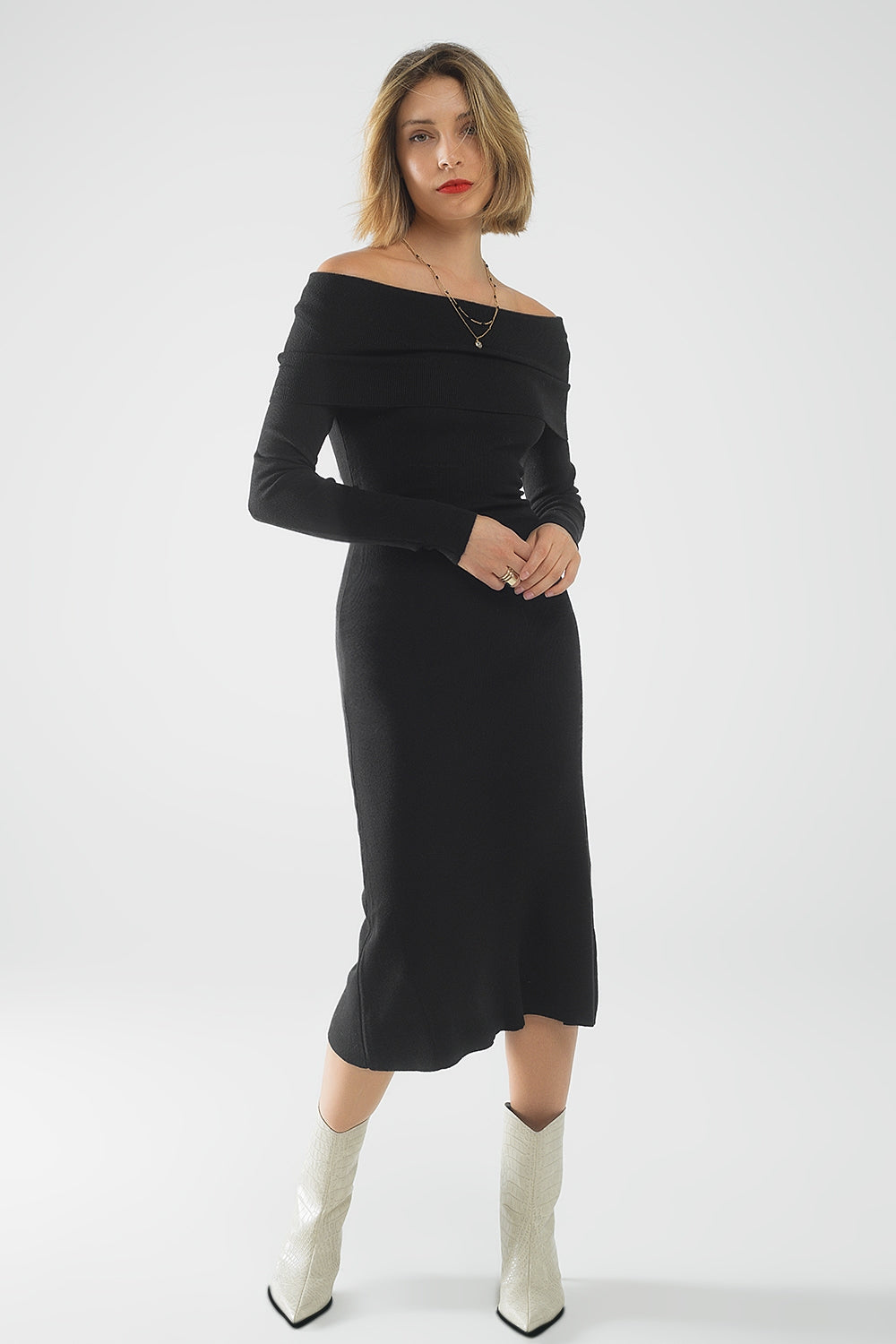 Maxi Knitted wide Bardot Dress in black - dress, Dresses