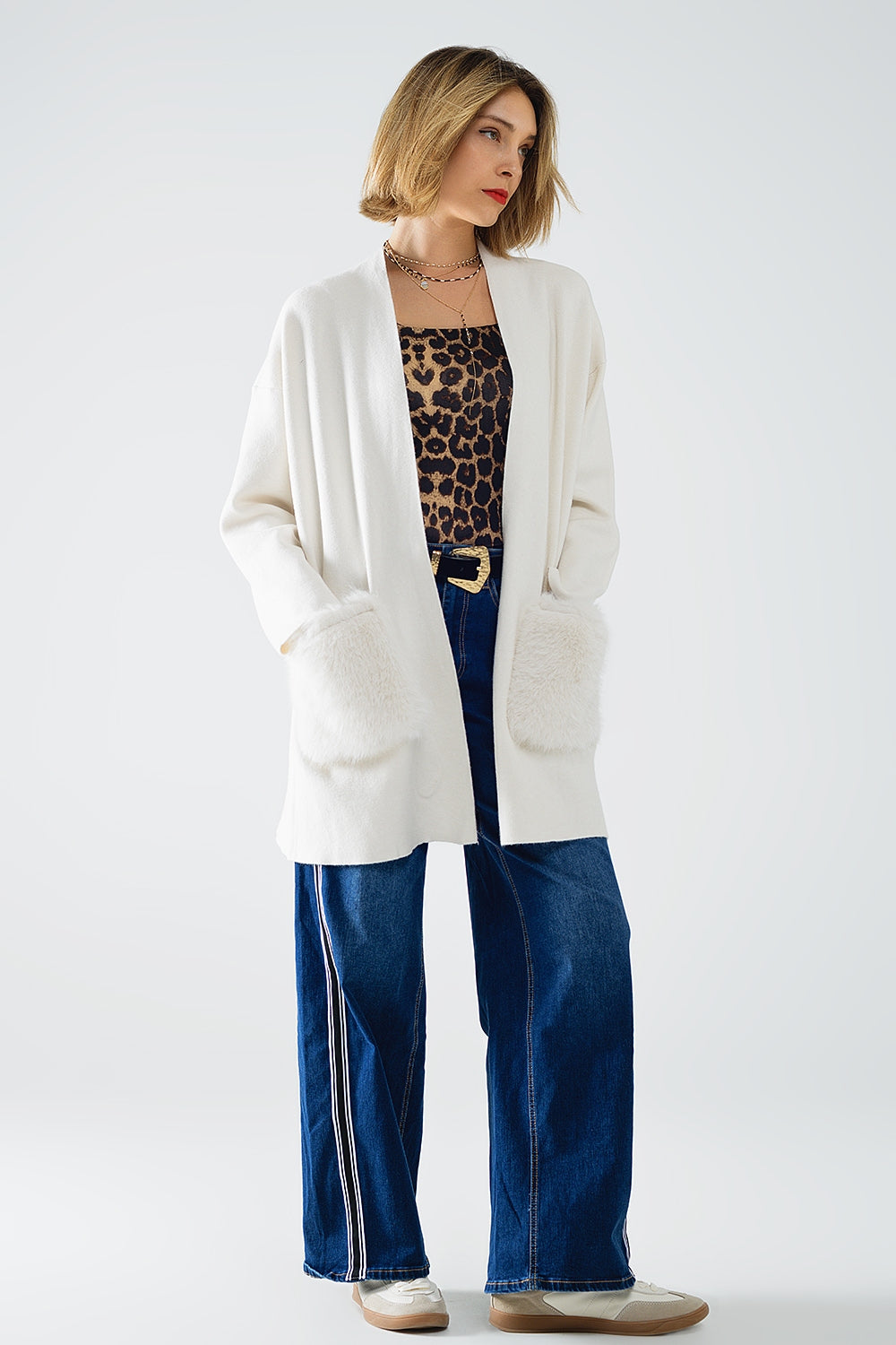 cream High quality knitted maxi cardigan with fur pockets